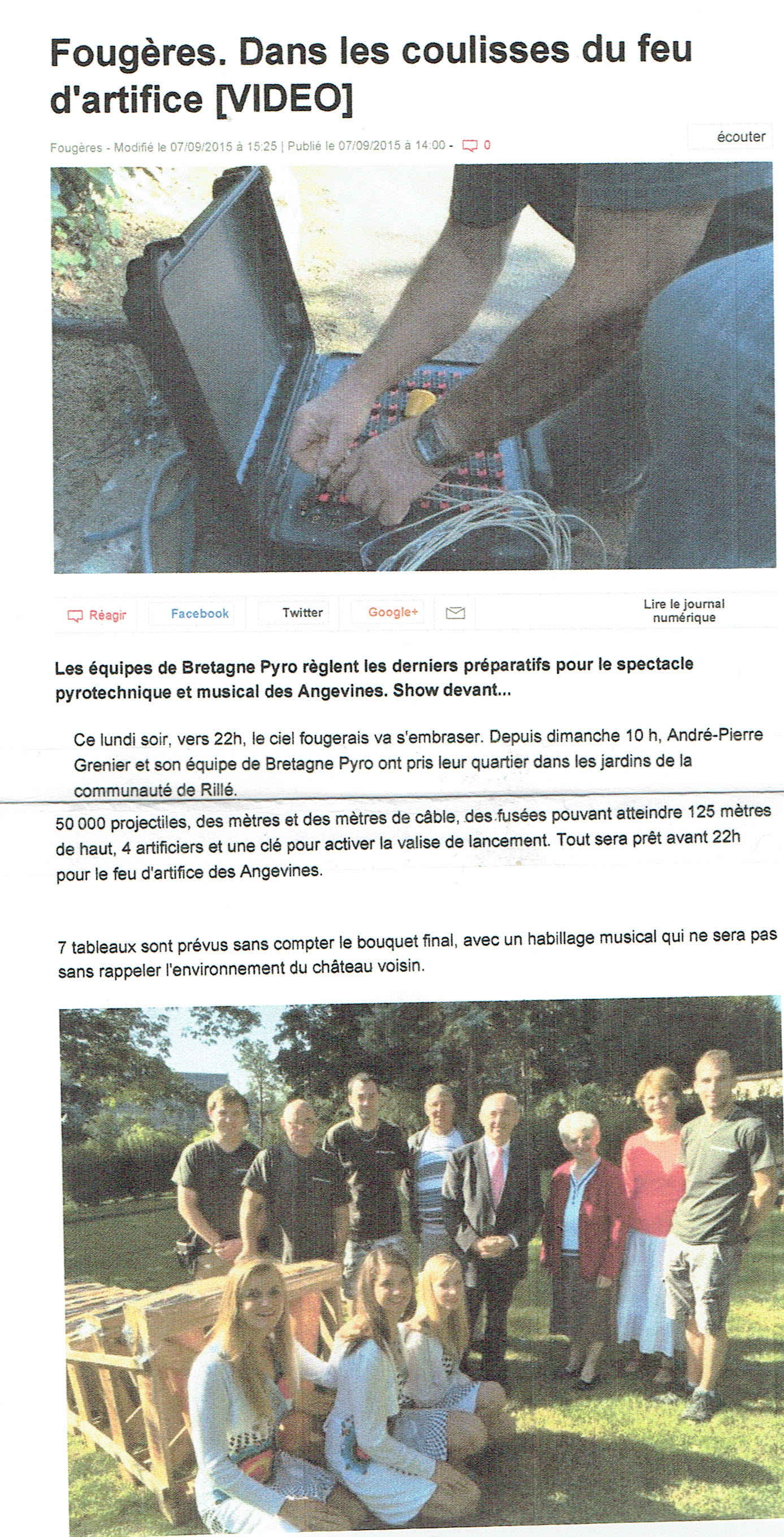 Article de presse sur Fougères - Dans les coulisses du feu d´artifice le  parlant de Bretagne Pyro