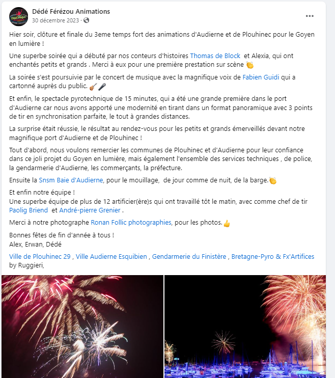 Article de presse sur Audierne  le Décembre 2023 parlant de Bretagne Pyro