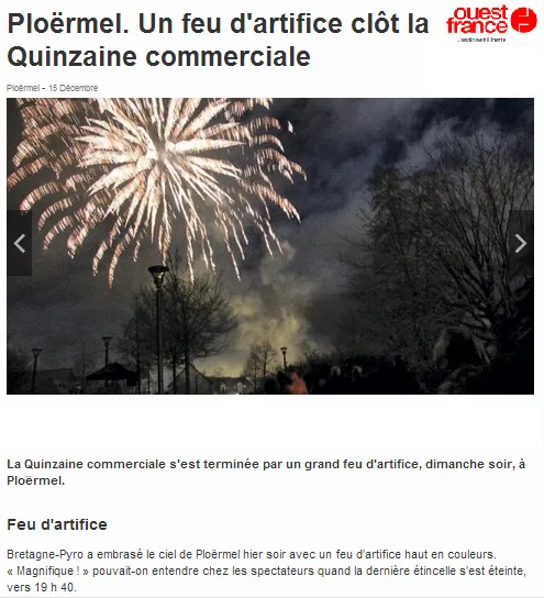 Article de presse sur Ouest-France le Décembre 2012 parlant de Bretagne Pyro