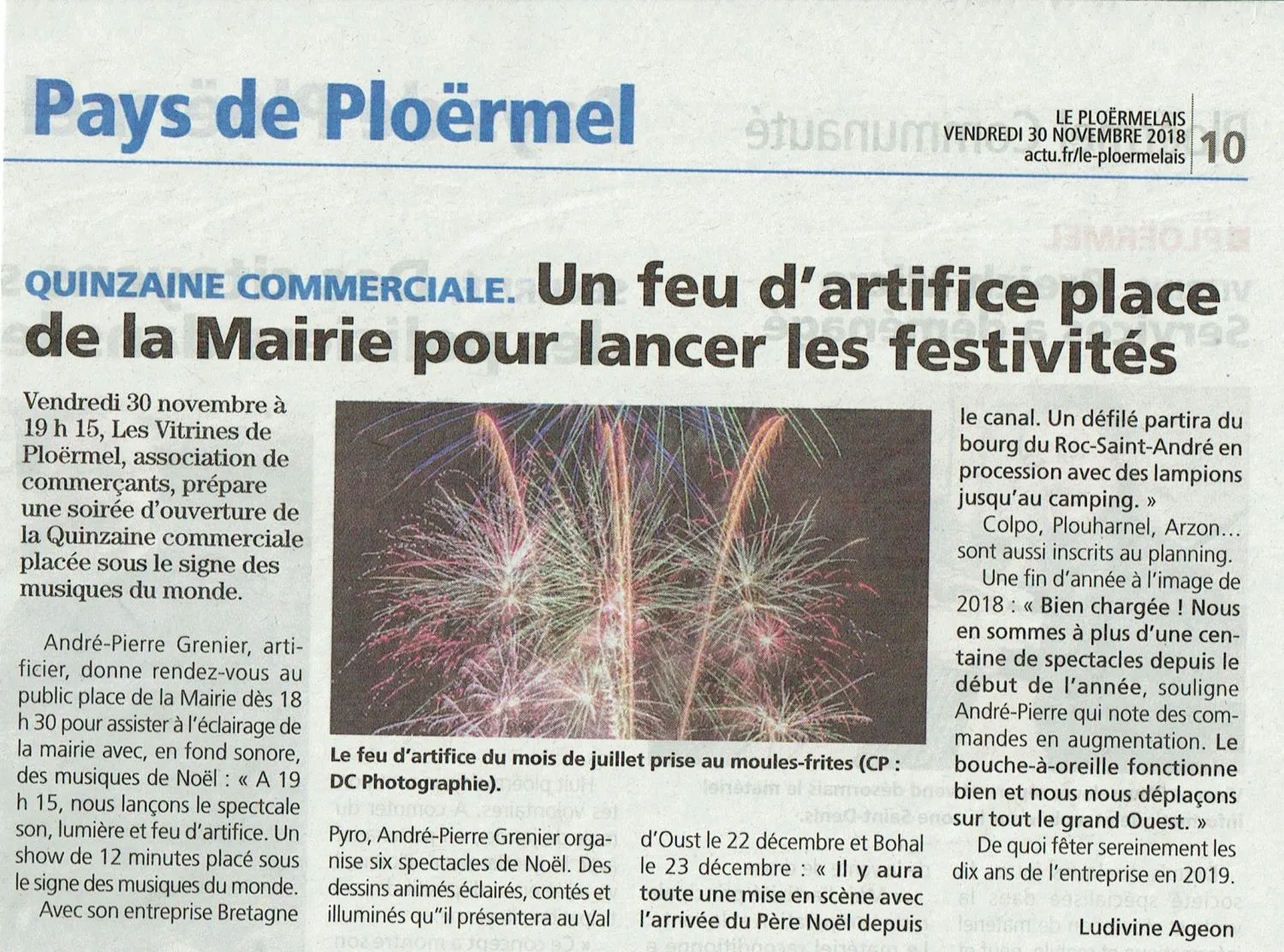 Article de presse sur Ploërmel le Quinzaine Commerciale de Noël parlant de Bretagne Pyro