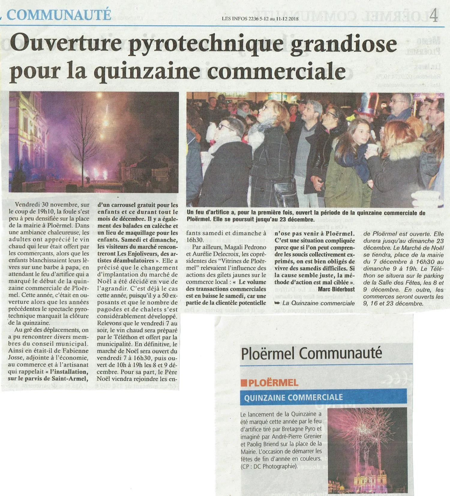 Article de presse sur Ploërmel le Quinzaine Commerciale de Noël parlant de Bretagne Pyro