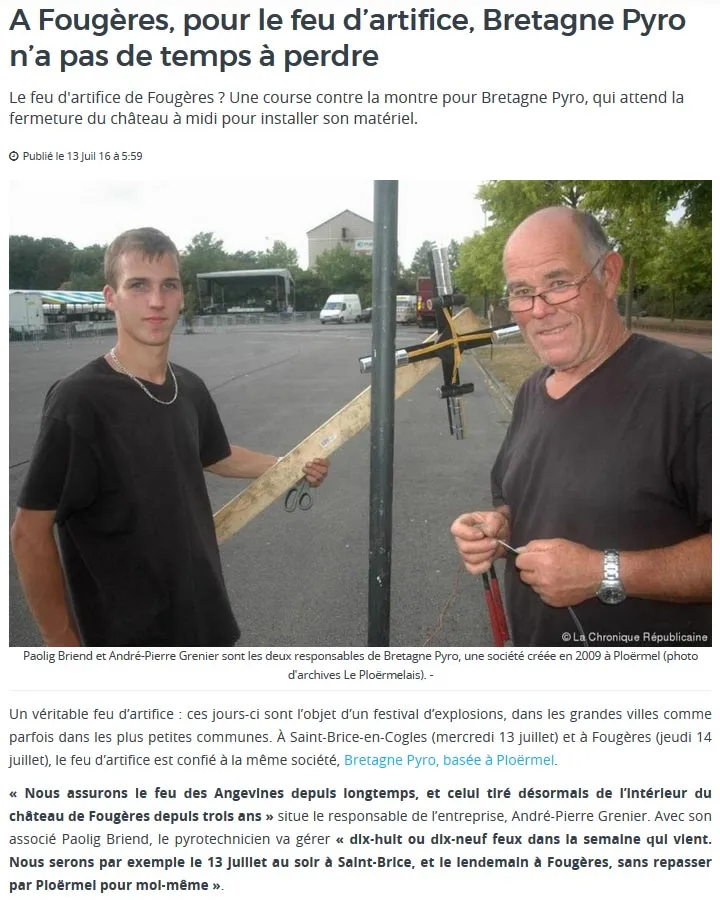 Article de presse sur Chronique le 13 Juillet 2016 parlant de Bretagne Pyro