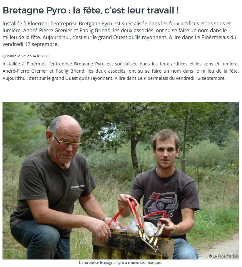 Article de presse sur Le Ploërmelais le 12 Septembre 2014 parlant de Bretagne Pyro