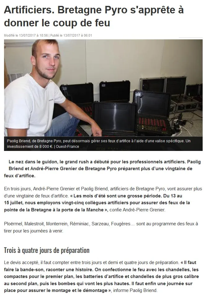 Article de presse sur Ouest-France le 13 Juillet 2017 parlant de Bretagne Pyro