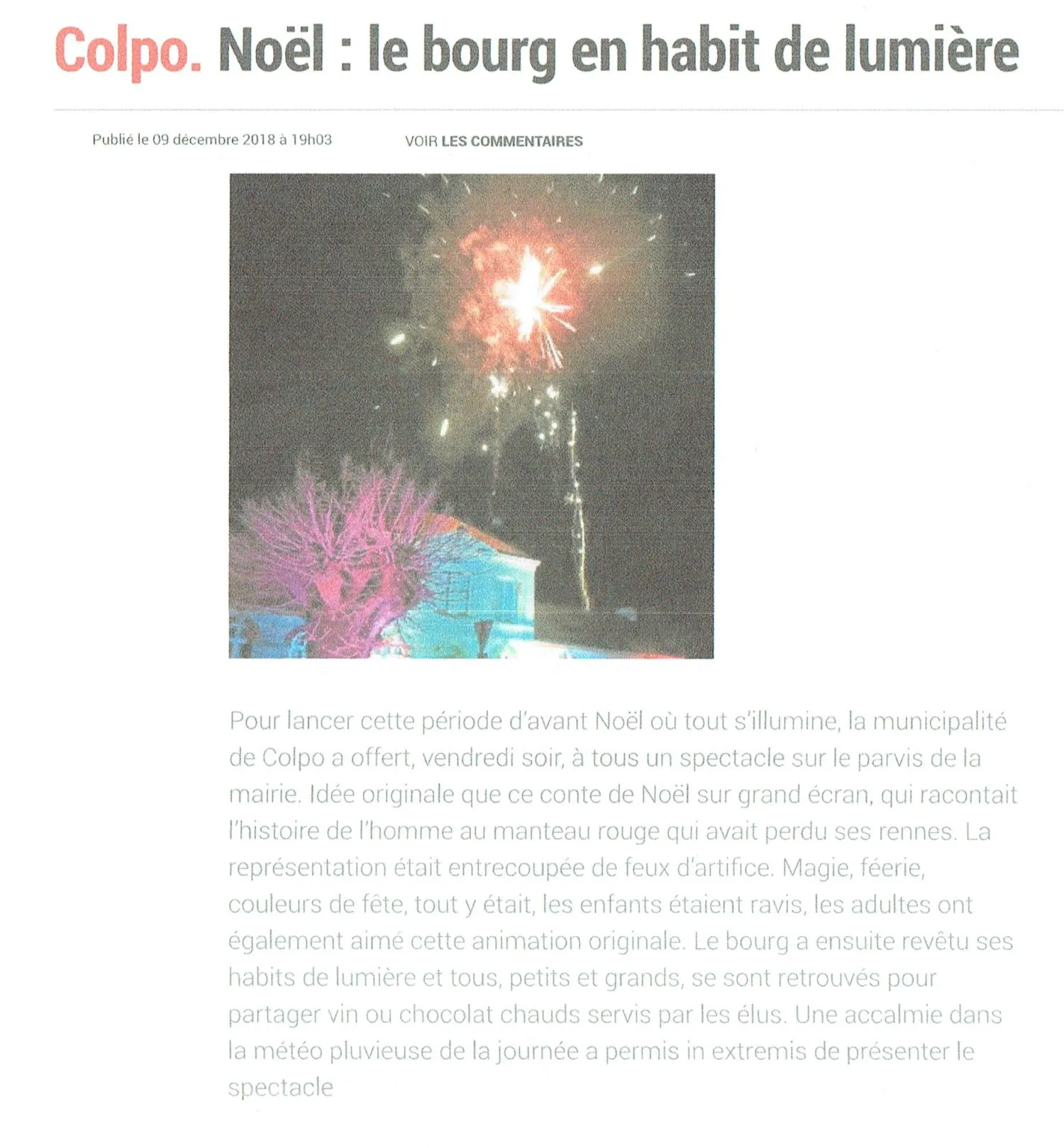 Article de presse sur Colpo le Spectacle de Noël  parlant de Bretagne Pyro