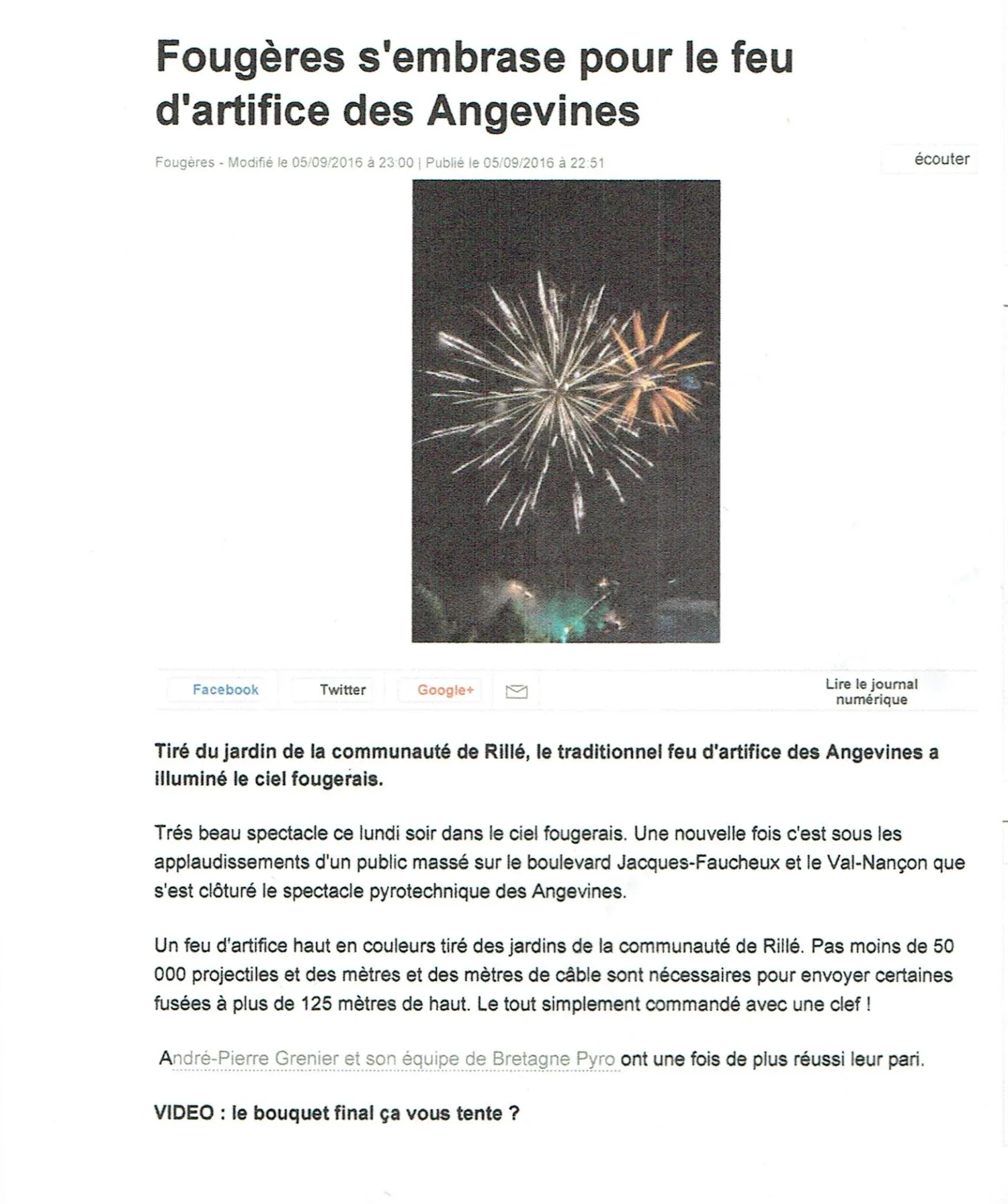 Article de presse sur Fougères le Fête des Angevines 2016 parlant de Bretagne Pyro