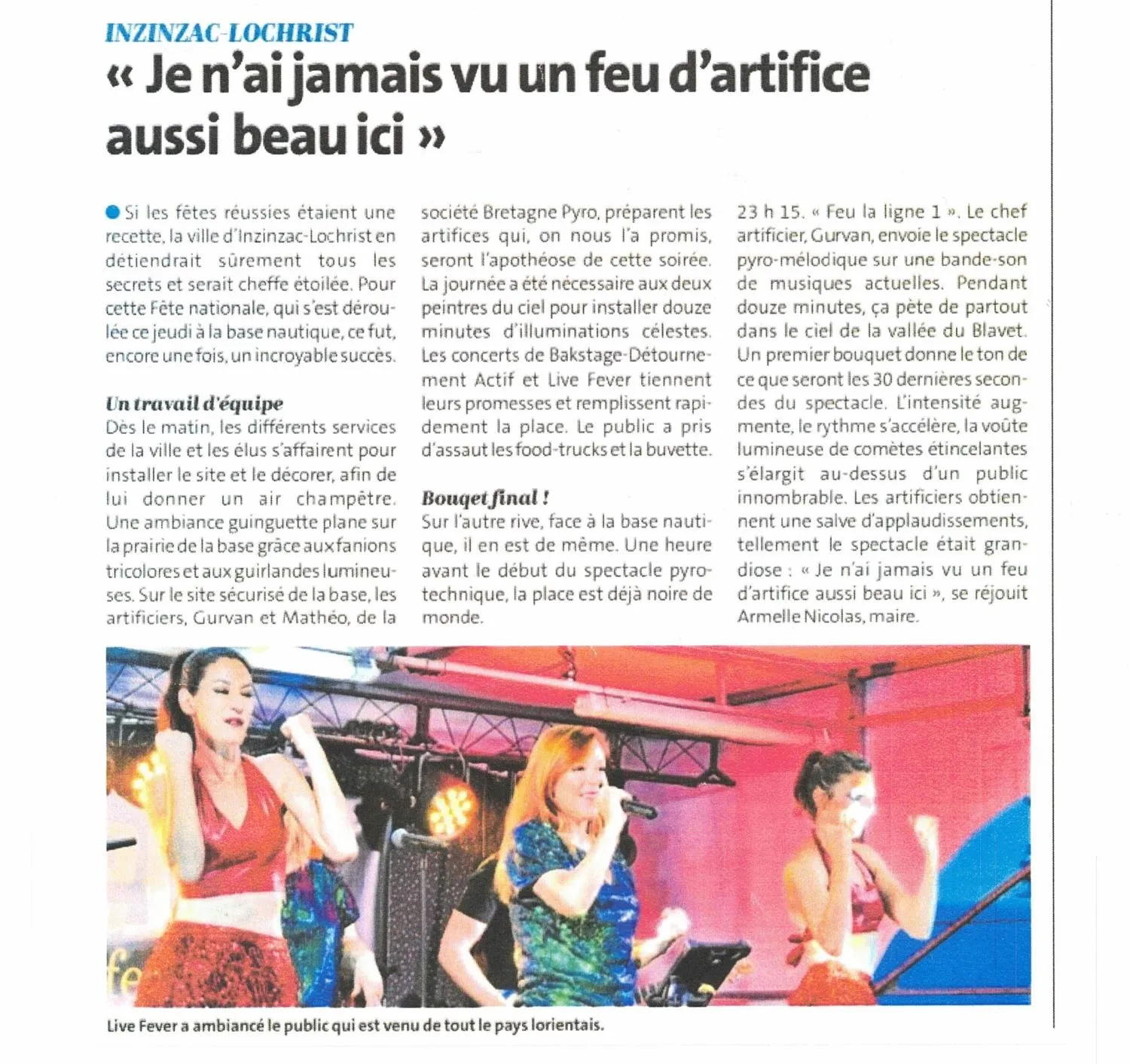 Article de presse sur Inzinzac-Lochrist le 13 Juillet 2023 parlant de Bretagne Pyro