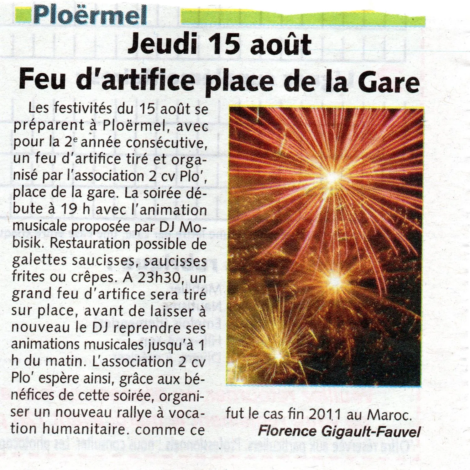 Article de presse sur Le Ploërmelais le 15 Aout 2012 parlant de Bretagne Pyro
