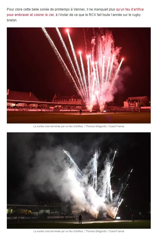 Article de presse sur Rugby Club Vannes le Match de clôture  parlant de Bretagne Pyro