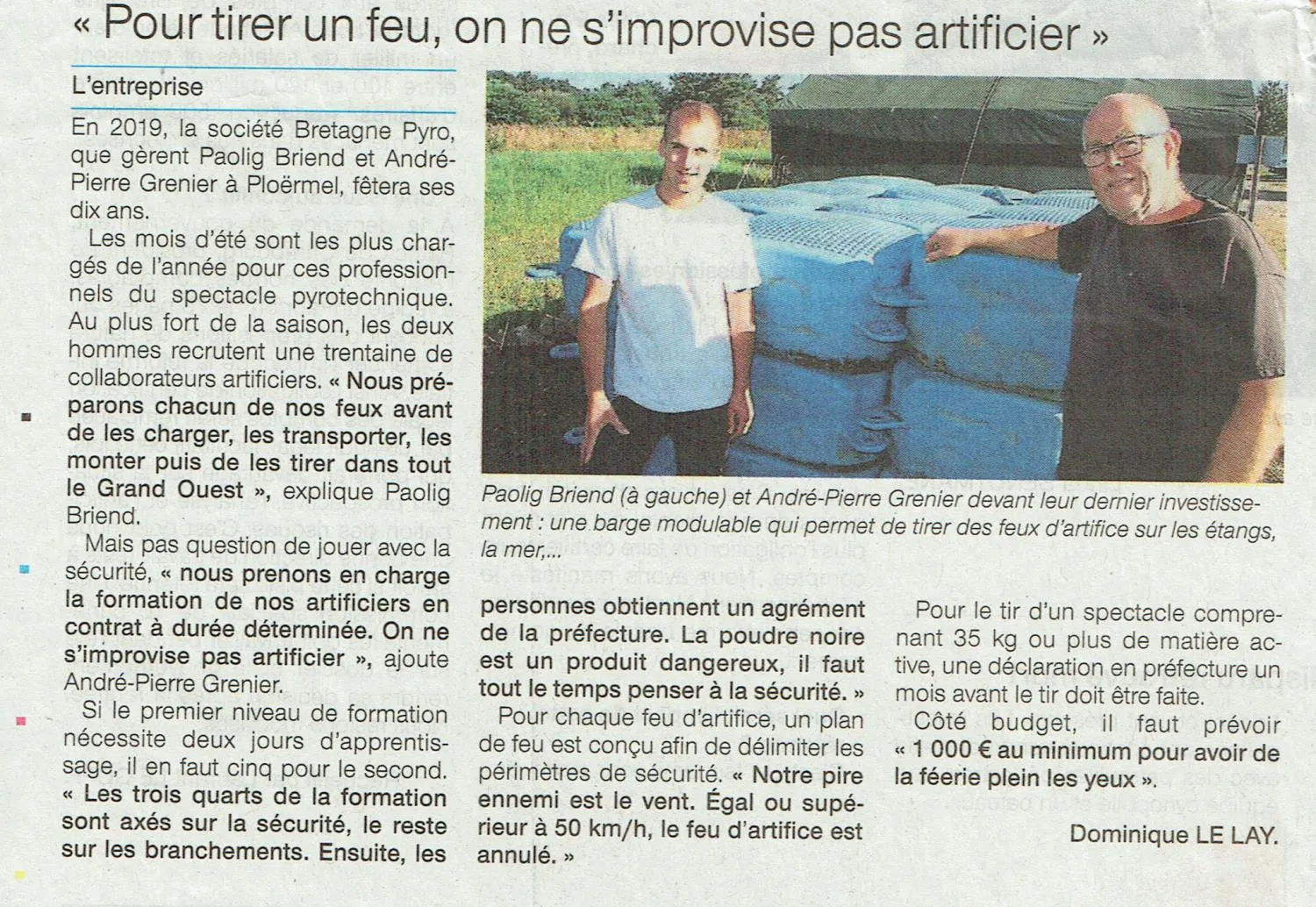 Article de presse sur Ouest-France le Juillet 2018 parlant de Bretagne Pyro